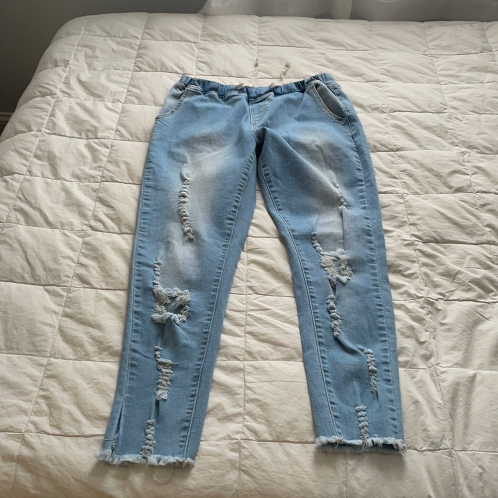 Distressed denim joggers